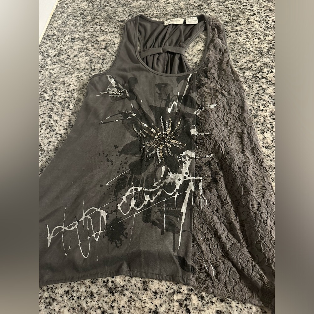 Miss Me | Grey, Silver, & Black Tank Top with Lace Detail